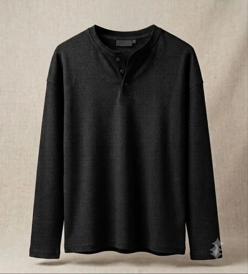 Jet Black Ribbed Henley — se7en® Henley